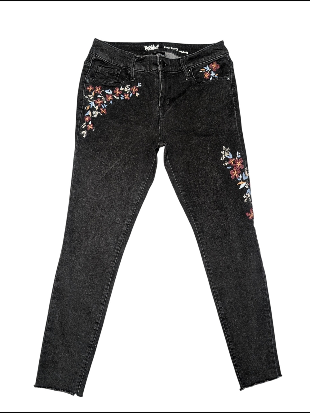 Mossimo Women's 6/28 Black Curvy Skinny Jeans Multicolor Floral Embroidery